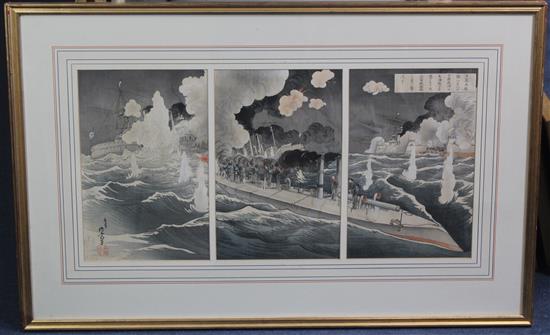 Ga Kyojin Matahari Japanese torpedo boats attacking a Russian war ship, 1904, overall 13.5 x 28in.